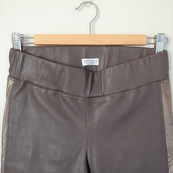 Brunello Cucinelli Leather Pants Side Stripe Espresso Green Size 2 - Picture 8 of 16